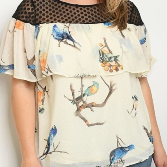 Janette Plus Tops - Janette Plus Shoulder Frill Yoke Bird Printed Top